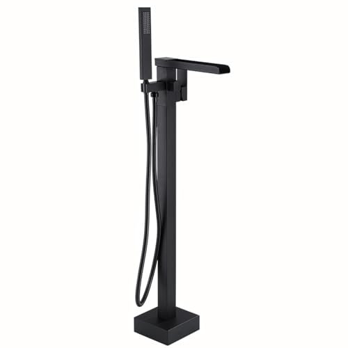 BiaoTeng Grifo De Pie Para BañEra Exenta Cascada negro Monomando Caliente o frío latón Grifo BañEra Y Ducha Grifo Independiente Para BañEra, negro