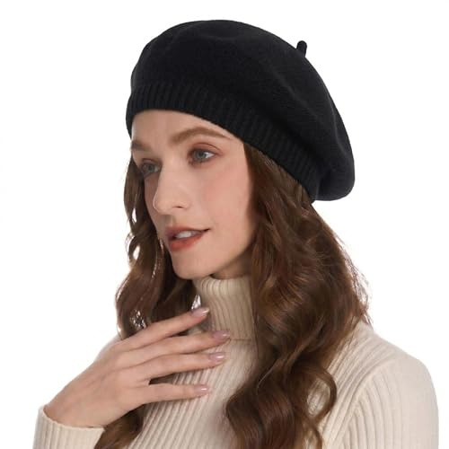 ZLYC French Beret Hat Fashion Print Lightweight Winter Warm Artist Hat for Women (Solid Black)