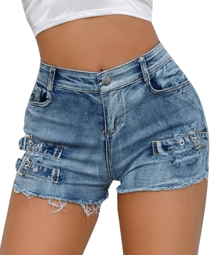 FEOYA Ripped Jeans Shorts for Women High Waist Sexy Denim Shorts Stretch Hot Pants Casual Club Party Raw Hem Denim Jean Shorts with Pockets