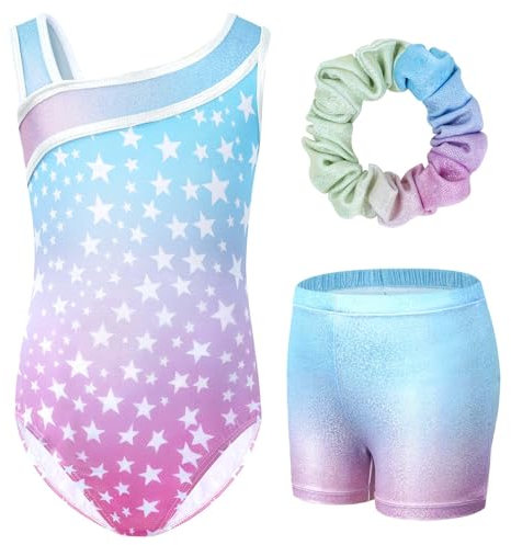 Gogokids Mädchen Drei Teiliges Gymnastikset, Y-Hals Ärmelloser Leotard mit Shorts und Haarband, Ballett Tanzender Leotard Gymnastikoutfit mit Blauem & Purpurfarbenem Farbblockdesign, 5-6 Jahre