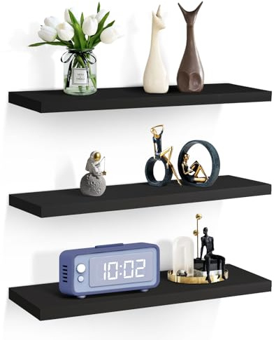 Sour Lemon 3PCS Étagères flottantes noires, étagères murales de 58 cm, étagères fixées par vis, présentoirs muraux décoratifs et de rangement pour salon, chambre, cuisine (noir, 58x15x1,5 cm)