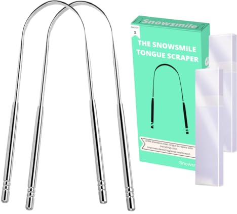 Tongue Scraper for Adults 2 Pcs with Cases Snowsmile (Oral Care Pack) Stainless Steel Tongue Cleaners Reduce Bad Breath 100% Metal Tough Scrapers Men and Women Hygiene Product with Travel case
