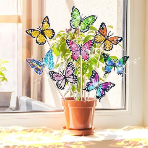 8 Stück Diamond Painting Schmetterling Sets, Diamond Painting Kinder Erwachsene Gartendekoration für Draußen und Drinnen Balkon Deko, Basteln für Kinder Diamont Painting Geschenk Für Mama Und Mädchen