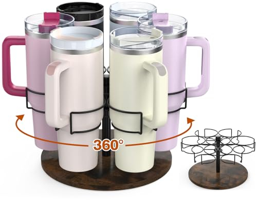 Kssiaz Stanley Cup Flaschenregal, Flaschen Organizer Schrank für Stanley WATERSY PRAOAHEI Hrobig 40oz, Drehbares Flaschen Organizer, 6 Ringe, Küchen Organizer Schrank, Vintage Braun