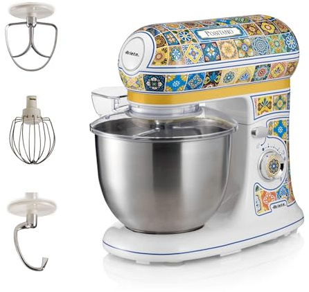 Ariete 1588 Küchenmaschine Positano, 7 Geschwindigkeitsstufen, 3 Quirle für Weiche und Feste Teige, Deckel mit Spritzschutz, 5,5 Liter Edelstahlschüssel, Mediterranes Design, 2400 Watt
