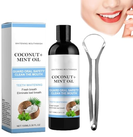 Mundziehöl mit Kokosnuss Pfefferminzöl, Mundwasser aus Kokosöl, Natürliches Kokosöl, Aufhellendes Öl Mundspülung für Frischen Atem, Zahnaufhellung und Gesündere Zähne with Tongue Scraper Include