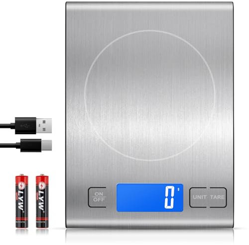 15kg Rechargeable Balance de Cuisine Numérique, Diyife Balance Alimentaire Haute Précision Acier Inoxydable, Grand écran LCD Rétroéclairé,5 Unités et Fonction Tare,Utilisation Simple à Trois Boutons
