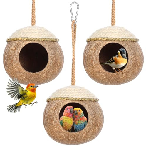 wutfuooo 3 Pcs Natural Coconut Bird Hide Nest Hut for Cage with Woven Straw Bird Parakeet Coconut Fiber Hanging Birdhouse Cage Habitats Decor for Parrot Cockatiel Lovebird Finch Squirrel Hamster