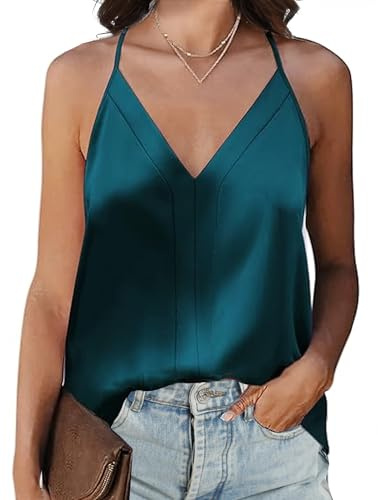 Koerye Top de Satén para Mujer Camiseta de Tirantes Finos Ajustables Top Verano Básica Blusas Sin Mangas Casuales Camisole Chalecos Interiores(Verde,L)