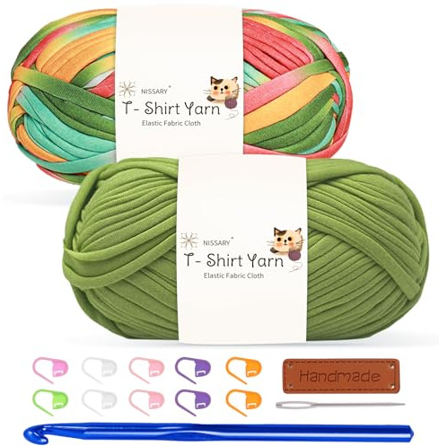Set med 2 nystan tjockt virkgarn för t-shirt, elastiskt tyg med 10 mm virknål och tillbehör, perfekt för väskor, filtar, korgar och heminredningsprojekt (grön blandning)