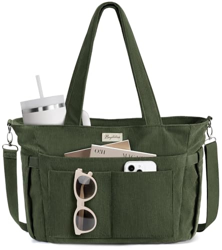 Bagstellar Corduroy Tote Bag for Women, 17 Pockets Laptop Work Tote Bag Lightweight Teacher Nurse Bible Bag for School Travel