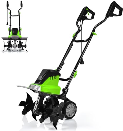 GiantexUK 1200W/1500W Electric Tiller, Lawn Soil Scarifier with 4/6 Blades, Adjustable Wheels & Foldable Handle, Lightweight Garden Cultivator Rotovator Rototiller (43cm Cutting Width, Green+Black)