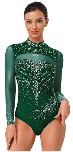 Freebily Body da Danza Classica Donna Ginnastica Ritmica Manica Lunga Balletto Leotards con Strass Tuta Intera da Pattinaggio Artistico Tutina Jumpsuit da Allenamento Verde scuro S