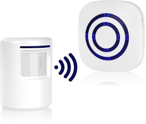 AXFEE Detector de Movimiento Interior, con 1 Receptor electrónico y 1 Detector de Sensor de Movimiento PIR 4 Niveles de Volumen, con 38 melodías Alarma de Seguridad, para caravanas, Casas, garajes