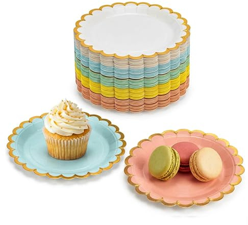 EiPibaibyi 7 Gold Rim Pastel Scalloped Colorful Small Paper Party Plates