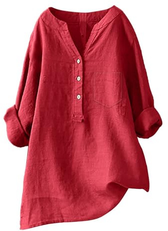 Camicia Donna in Lino Cotone Elegante Curvy Camicie Donna Manica Lunga Estiva Camicie Oversize con Scollo a V Blusa con Bottoni e Tasca Casual da Lavoro Top Camicetta da Spiaggia Tinta Unita Classico