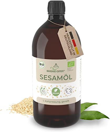 MASSAGE-EXPERT Sesamöl Bio kaltgepresst - Gereiftes Basisöl für Massage, Ayurveda, Hautpflege und Haarpflege [1 Liter Flasche mit Spritzeinsatz]