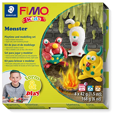 STAEDTLER 8034 11 LZ FIMO Kids Form&Play Playtime & Modelling Polymer Clay Set - Monster (Pack of 4 Blocks, Stickers, Modelling Tools & Background Scene)