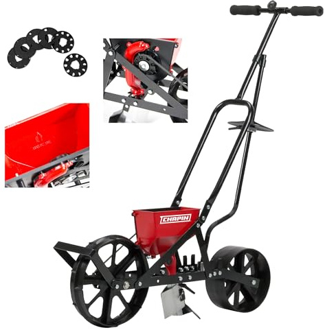 Chapin 8701B Garden Push Seeder Planter with 6 Seed Plates for up to 20 Varieties of Seeds, Zinc Plow Blade, Row Marker, Powder Coated Steel Frame, Red/Black