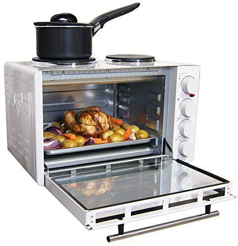 Igenix IG7130 Mini Oven with Electric Grill and Double Hotplate Hob, Ideal for Roasting, Baking, Grilling and Reheating with Aluminium Baking Tray, 30 Litre, White