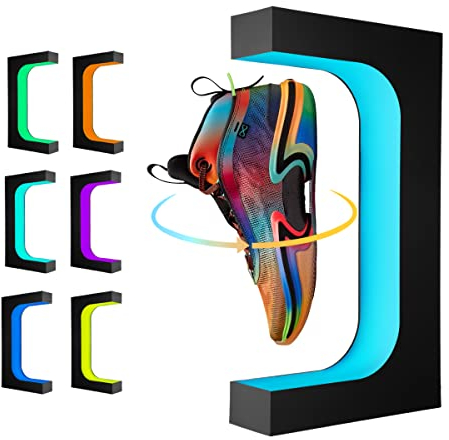 UVEHAS Leviterande skostativ, flytande sneakerstativ med fjärrkontroll, 16 färger, LED-ljus, roterande magnetisk levitation, skohylla för heminredning, butik, reklam, utställning, skor, samlare