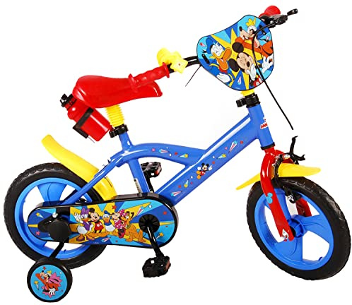 albri Bicicleta Infantil Mickey de 12 Pulgadas con estabilizadores Laterales y Botella, Rojo y Azul, pequeña