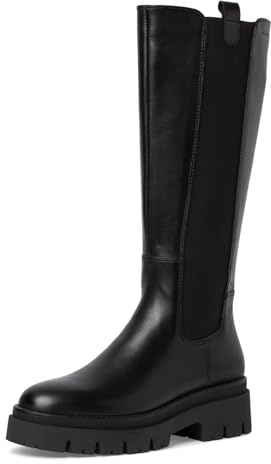 Tamaris Botas de Caña Larga para Mujer, Piel, Tacón Cuadrado, Cómodas, Negro, 38 EU
