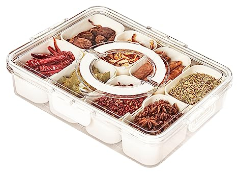 Divided Serving Tray with Lid & Handle, Snack Box with 8 Compartments, Removable Divided Platter Food Storage Containers, Food Storage Container, Clear Organizer for Veggie, Candy, Fruit, Nut