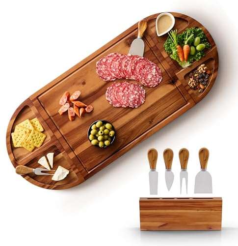 TIDITA 30 inch Large Acacia Wood Charcuterie Board with 4 Knives Set, Magnetic - 3 Parts Wooden Round Tray for Cheese - Long Appetizer Board for Serving Food Platter Cracker Snack