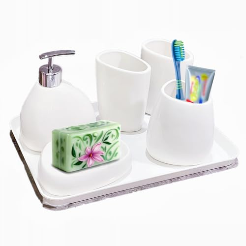 Qivine Set Salle de Bain 6 Pièces, Ensemble Salle de Bain en Céramique avec Distributeur de Savon, Porte-Savon, Porte Brosse à Dent, Gobelet de Rinçage et Plateau, Décoration Moderne, Blanc