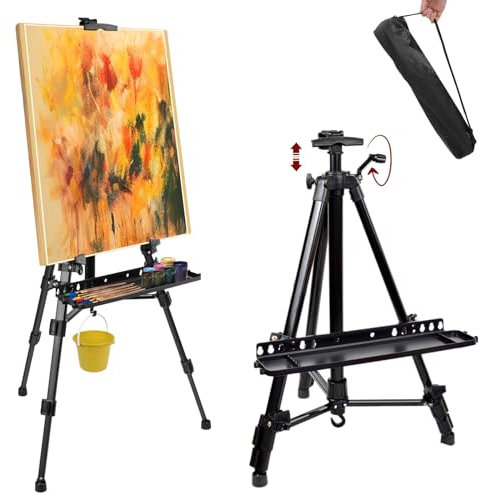 Staffelei aus Aluminium - Höhenverstellbare bis 158cm - mit Kompass, Wasserwaage, Haken für Wassereimer, Pinselablage & Tragetasche – Leicht & Tragbar