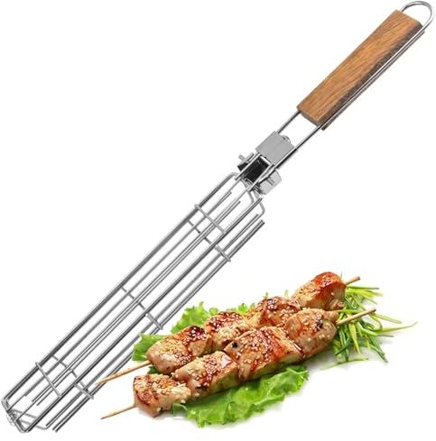 Joyeee Panier Grill Barbecue, Pliable Griller Panier en Acier Inoxydable avec Poignée en Bois Amovible pour Grillades Légumes Frites Hot Dog, Portable pour Grillades en Plein Air, Camping, Pique-nique