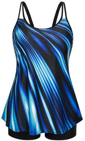 Hanna Nikole - Traje de baño tankini con control de abdomen para mujer, talla extra, de dos piezas, con cintura alta, tops de estilo A-Line, Rayas azules, 48 Grande