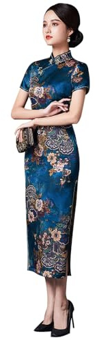 ZNLFS Dam Cheongsam traditionell kinesisk klänning sidosits smal passform midi-klänning mandarinkrage kortärmad Qipao, Mörkblått, 34