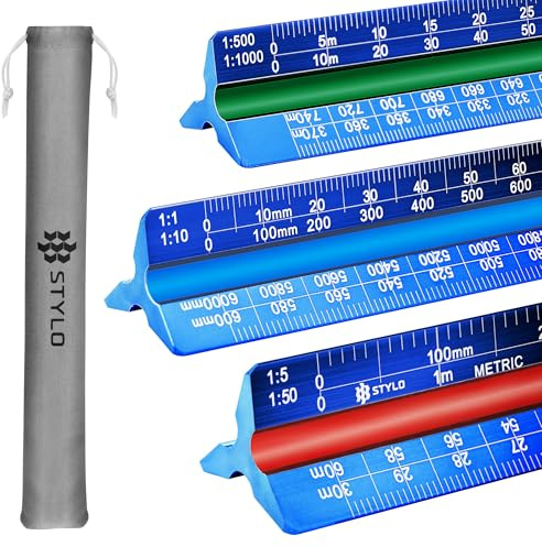Arkitektvåg i aluminium – 30 cm laseretsad triangel utarbetande linjal med färgkodade spår för ritning, utarbetande – arkitektonisk våg (blå, metriska enheter)