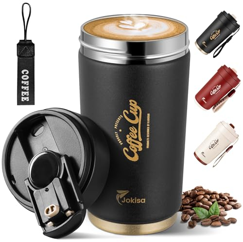 Jokisa Thermobecher Kaffee to go Becher 450ml/15oz, Edelstahl, Coffee to go Becher Thermo mit Auslaufsicherem Deckel, für Tee Kaffee Kaltes Wasser (Schwarz)