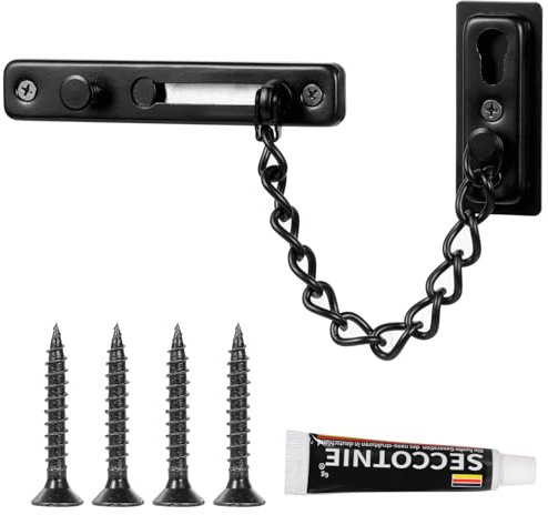 Chaîne de sécurité Chaîne de Porte en Acier Inoxydable Chaînes de Porte de Sécurité avec Vis et Colle à Clous pour Portes et Fenêtres pour Appartements, Hôtels et Maisons (Noir)