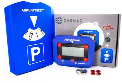 CHENAC Elektronische Parkscheibe mit Zulassung, klebepads und Batterien - Elektrische Parkscheibe -Manuelle und automatische Digitale Parkscheibe für Autos mit Einkaufswagenchips und Eiskratzer