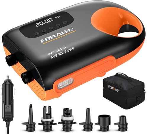 FOWAWU Pompa per Sup Elettrica, Sistema di Raffreddamento Attivo a 12 V DC, 20 PSI Gonfiaggio Intelligente a Due Stadi, Auto-off, Gonfiaggio e Deflazio