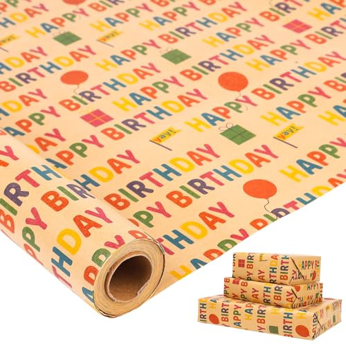 HBell Birthday Wrapping Paper Roll,43cm*10m Happy Birthday Wrapping Paper,Colorful Kraft Gift Wrapping Paper for Birthday,Party,Baby Shower,Christmas,Festive Decorations