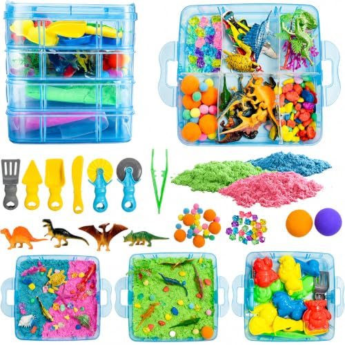 AGENTLAN Dino & Ocean Sensory Sensory Bin with Play Sand | Sensory toys with dinosaur and ocean figures, for toddlers boys and girls, gift for ages 3+, stackable sand box