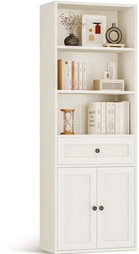 Coleshome 5-Tier Bookcase with Doors and Cabinet, Bookshelf Floor Standing Display Storage Shelf, Tall Bookcase with drawers for Home, Office, Living Room, Bedroom, White, 48 x 24 x 164.2