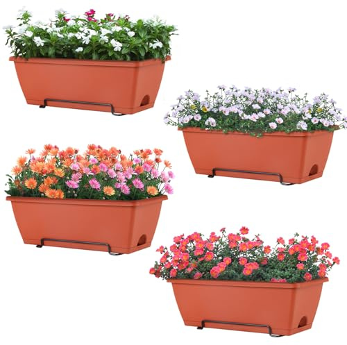 LIANTRAL 4 Pack Wall Planters, Wall Hanging Planter Set with Metal Frame & Plastic Box, Flower Pot for Windows, Railings, Fences, Hanging Balcony Garden Planter Home Decor, 42.6 x 17 x 13.5 cm, Red