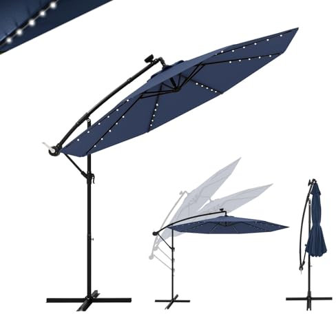 GOPLUS Parasol Déporté 3M avec Lumière LED, 8 Baleines avec Base Croisée, Inclinable 35° avec Manivelle pour Jardin Extérieur, Patio, Terrasse, Marché (Bleu Marine)