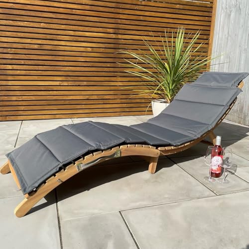 Garden Gear Acacia Sun Lounger with Cushion, Folding Hardwood Chair with Handle, Weather-Resistant, Pre-Oiled Finish, 127KG Max Weight, Grey Pad (Acacia Sun Lounger x1)
