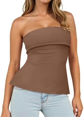 Sukiglam Haut Femme Dos Nu Tube Top Été Sexy Bretelles Debardeur sans Manches Tunique Bustier Slim Fit Y2K Crop Tops Élastique Double Layer Bust T Shirt Going Out Chemise avec Fente Latérale