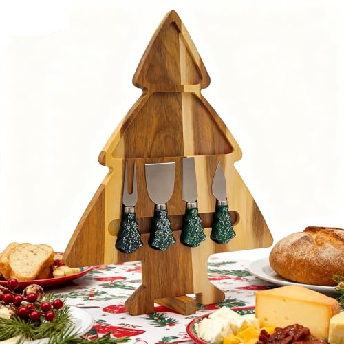 Planche de service en bois d'acacia en forme d'arbre de Noël - Ensemble de charcuterie double face avec 4 couteaux magnétiques et support rotatif - Plateau de fromage festif en cadeau pour collations
