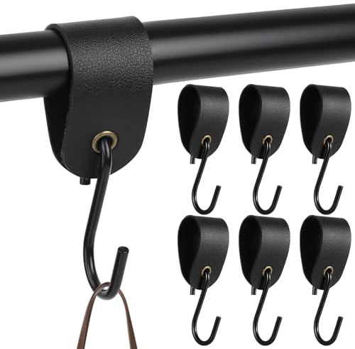 6 SetGanchos en Forma de S, Ganchos para Colgar Ropa, Gancho en S con Lazo de Cuero, Ganchos en S de Cuero para utensilios de cocina, baño, dormitorio, oficina, toallas, bolsos, percheros(Negros)