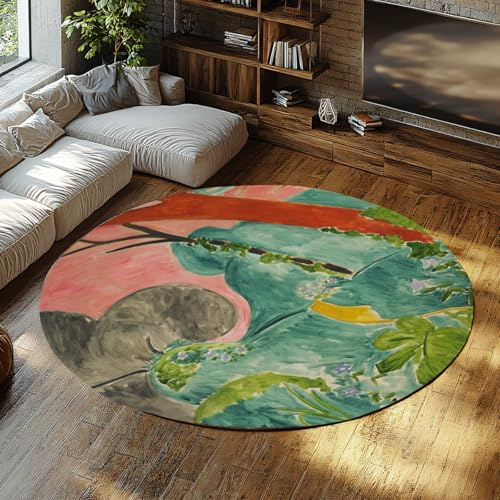 WEECHAINGE Coral Grove Landscape Runder Haustürteppich 150cm waschbare rutschfeste Spielteppiche für Atrium Eckfensterbank Loft Mezzanine Maker Nook Circle Teppich