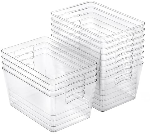 12 PACK LARGE Clear Storage Bins with Handles & Labels, Multiuse Plastic Pantry Organizer Bins for Home Kitchen, Fridge, Freezer, Cabinet, Closet, Bathroom, Shelf, Laundry, RV, Under Sink Organization